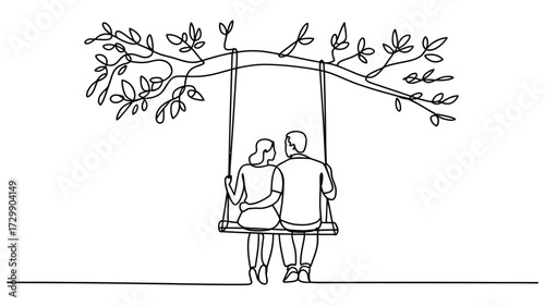 A romantic couple sits close together on a simple wooden swing suspended from a large tree branch enjoying a peaceful moment outdoors in a minimalist line art style