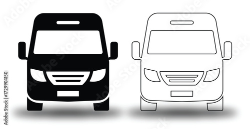 Commercial Van and Minibus Vector Icon Set – Delivery, Shipping, Fleet Management, Shuttle, Rental, Mobile Services, Navigation, Urban Transport, and Business Operations Illustrations