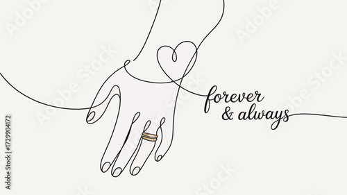 Elegant line art illustration of two hands gently touching connected by a flowing heart shape symbolizing love and commitment with the phrase forever always adding a romantic touch