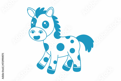 Cute cartoon horse with blue spots and a cheerful expression is standing still