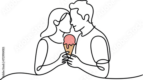 Romantic couple sharing a strawberry ice cream cone in a minimalist continuous line drawing style with the text happy birthday sweethearts below