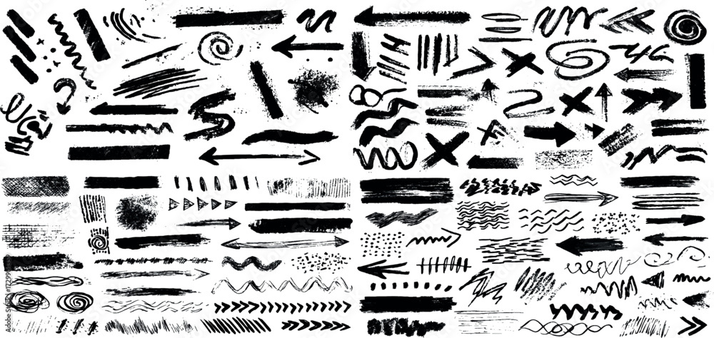 Obraz premium Freehand grunge Set of vector paint brush stroke with Black watercolor splatter, grunge arrow set rough textures, splatters, and strokes, perfect for creative designs.