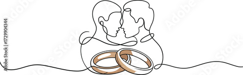 Minimalist continuous line art drawing of two people embracing with wedding rings in the foreground symbolizing eternal love and commitment perfect for wedding invitations and romantic themes