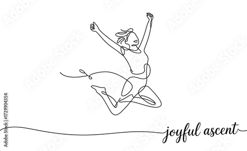 Continuous line drawing of a young girl jumping for joy with arms raised in celebration embodying freedom and happiness with the handwritten phrase joyful ascent below