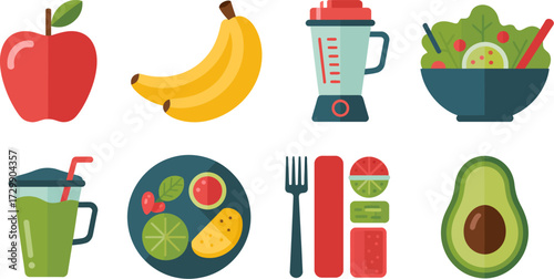Healthy Food Flat Icons Set for Clean Eating and Balanced Diet Lifestyle Concept