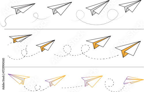 Paper airplane outline vector set with dotted flight routes.eps