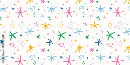 Whimsical starburst pattern with pastel hues and subtle geometric elements repeating seamlessly isolated on white background