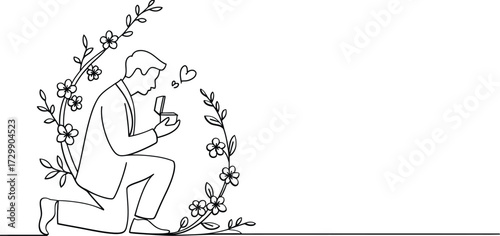 A romantic line art illustration of a man kneeling and proposing with a ring to his beloved surrounded by blooming flowers and elegant lettering that reads forever starts now