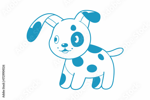 Cute cartoon puppy with blue spots smiles cheerfully against a white background happily