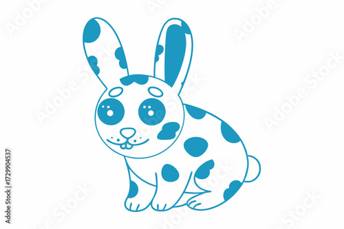 Cute cartoon rabbit illustration featuring playful blue spots on a white background