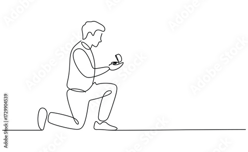 A man on one knee in a suit proposes with a ring in a small box captured in a minimalist continuous line drawing style against a white background