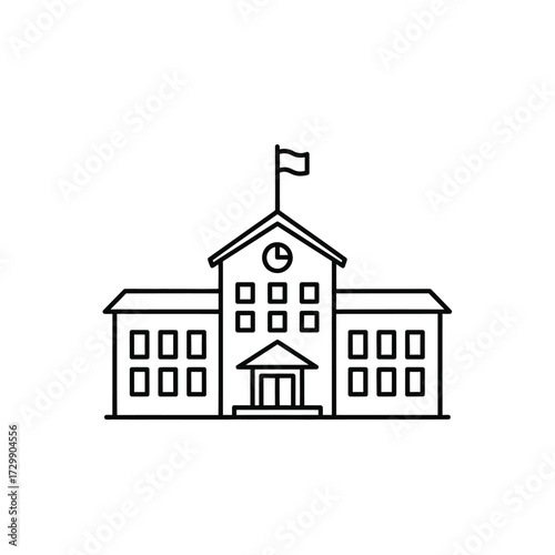 Vector art of school building education institution with clock and flag on top
