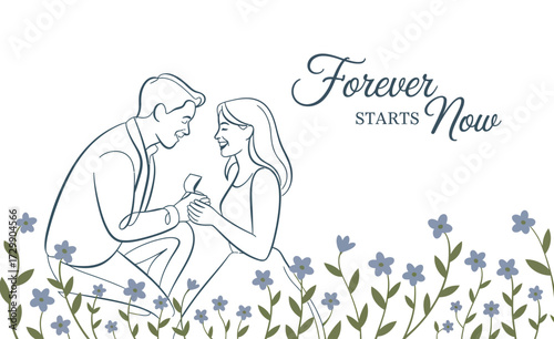 Romantic hand drawn sketch of a couple in a field of flowers with the text forever starts now symbolizing love and commitment