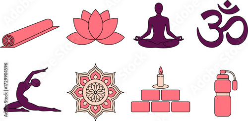 Collection of Yoga Related Graphics Representing Meditation Spiritual Practice and Healthy Lifestyle Concept