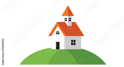 A quaint little white church with a vibrant orange roof sits atop a rolling green hill, symbolizing community, faith, and a peaceful sanctuary