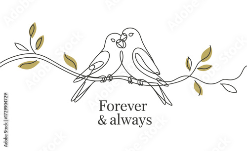 Two delicate line art budgies perched on a branch with watercolor leaves inscribed with the words forever and always symbolizing eternal love and companionship