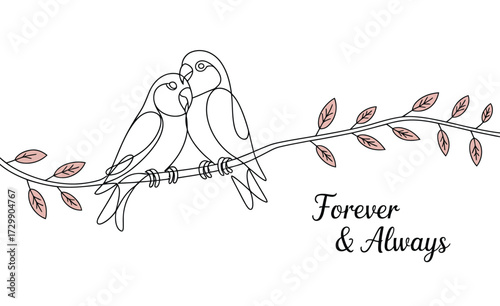 Two loving birds perched on a branch with leaves a romantic sketch symbolizing eternal love and companionship perfect for valentine s day or wedding invitations
