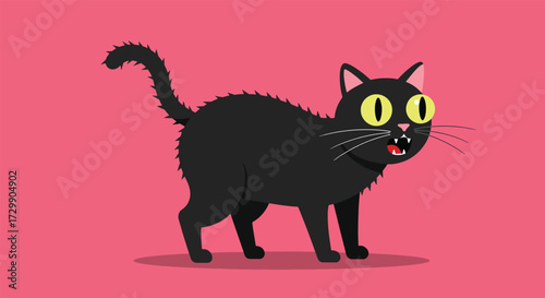 A startled black cat cartoon with bristling fur and an arched back looking frightened with wide green eyes.