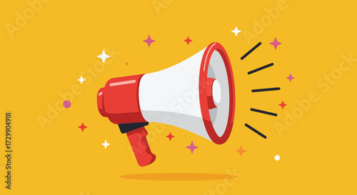 A vibrant red and white cartoon megaphone illustration making a loud announcement with sparkles.