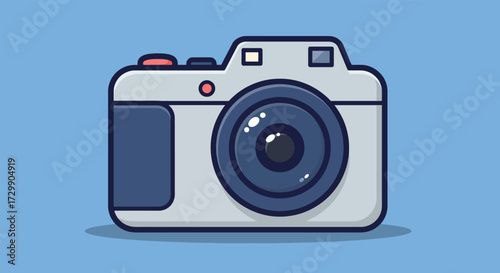 A stylized cartoonish digital camera with a prominent lens and buttons.