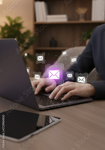 online shopping online.  hands typing on a laptop with glowing email or message icons floating above, symbolizing digital communication, online marketing, or fast business contact