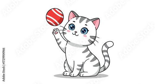 Adorable Cartoon Kitten Playing with a Red and White Striped Ball.