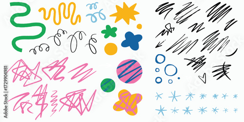 Collection of abstract scribbles shapes and strokes graphic elements for design isolated on transparent background