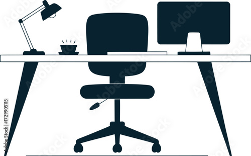 Minimalist home office setup with desk computer chair and lamp vector illustration
