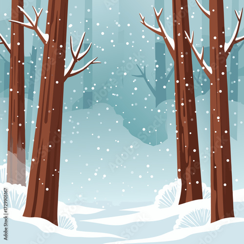 Vector illustration of a snowy winter forest path, a tranquil seasonal landscape background with generous copy space for text