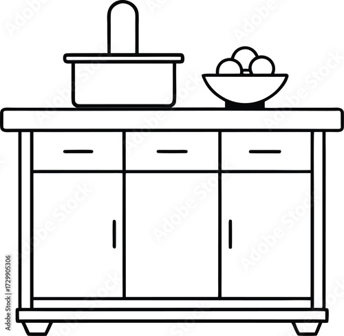 minimal kitchen island with fruit bowl line art on transparent background