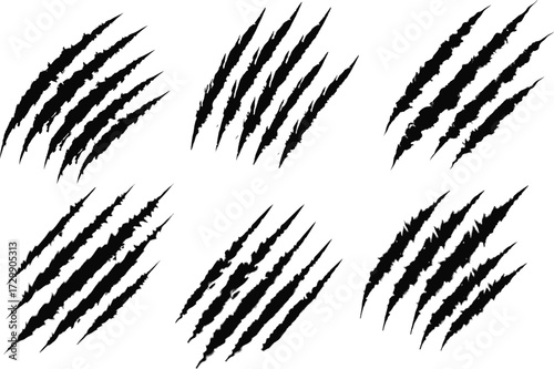 scratch marks Black silhouette set. ripped marks pack, monster scratch icons, black claw doodle, claw marks vector, animal scratch doodle, damage scratch outline, scar scratch symbols, cartoon claw 