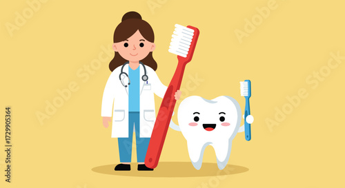 Cartoon Dentist with Giant Toothbrush and Happy Tooth Illustration.