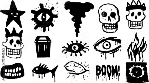 Vector illustrations of skulls, eyes, and stars in black. Features abstract elements like fire, fish, and trash in a cohesive set.