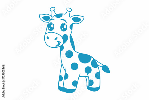 Cute outlined giraffe stands cheerfully with blue spots on a white background