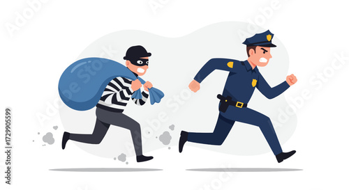 Cartoon thief with stolen goods bag chased by police officer.