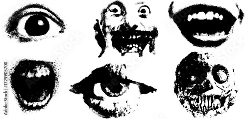 Eyes and mouth deliver intense emotions in a black-and-white vector illustration. The set showcases terrifying and unusual facial expressions.