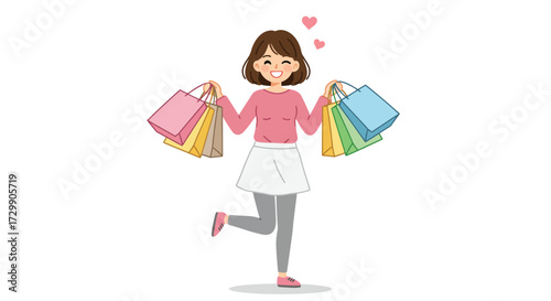Cheerful woman with multiple shopping bags enjoying a successful shopping spree.