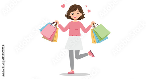Cheerful young woman with many shopping bags winking and holding purchases.
