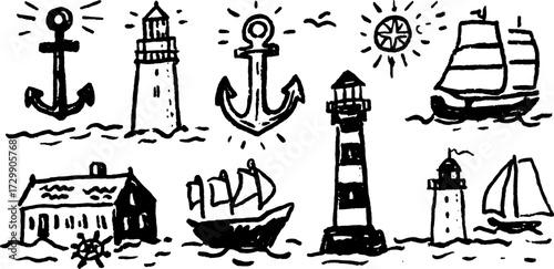 Nautical theme with anchor, lighthouse, and boat illustrations. Simple black and white vector illustration showcasing marine elements in a cohesive set.