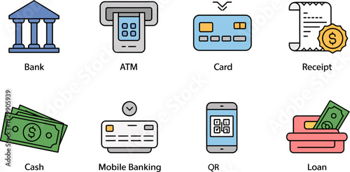 Financial technology icons depicting modern banking methods for secure and seamless transactions with digital payment options