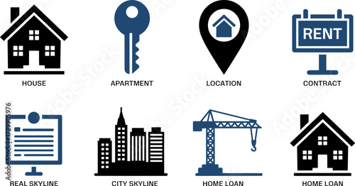 Real estate and property icons representing houses apartments location and contract agreement on white background