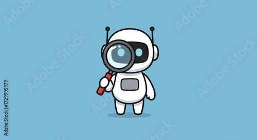 Cute Cartoon Robot Holding Magnifying Glass for Investigation.