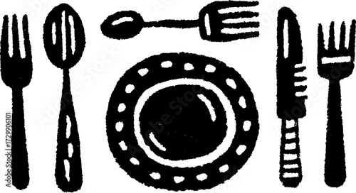 Tableware set including fork, spoon, knife, and dish. Simple monochrome vector illustration designed for culinary use.