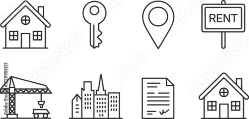 Real Estate Icon Set Representing Property Rental Construction Location and Legal Agreement in Minimalist Design