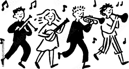 Musicians performing with various instruments in a simple black and white style. This illustration features a band set with musical notes in a vector design.