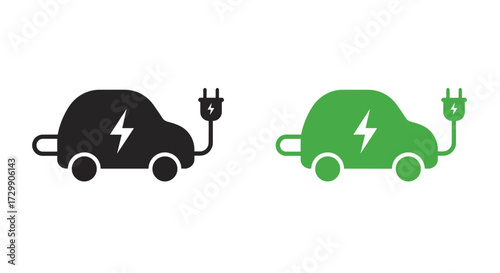 Electric Car Icon with Charging Plug and Lightning Bolt Symbol.