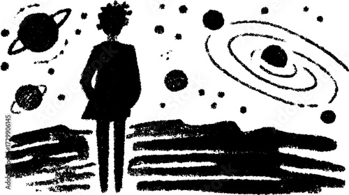 Astronaut silhouette in space. Vintage black vector illustration with planets and stars, creating a cosmic background.