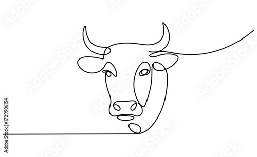 Minimalist single line drawing of a cow s head with horns and a thoughtful expression showcasing elegant simplicity and artistic flow on a clean white background