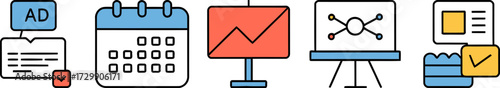 Colorful illustration of business and financial planning icons for marketing strategy and development
