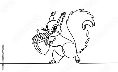 Charming single line drawing of a cute squirrel holding a large acorn perfect for whimsical illustrations and nature themed designs